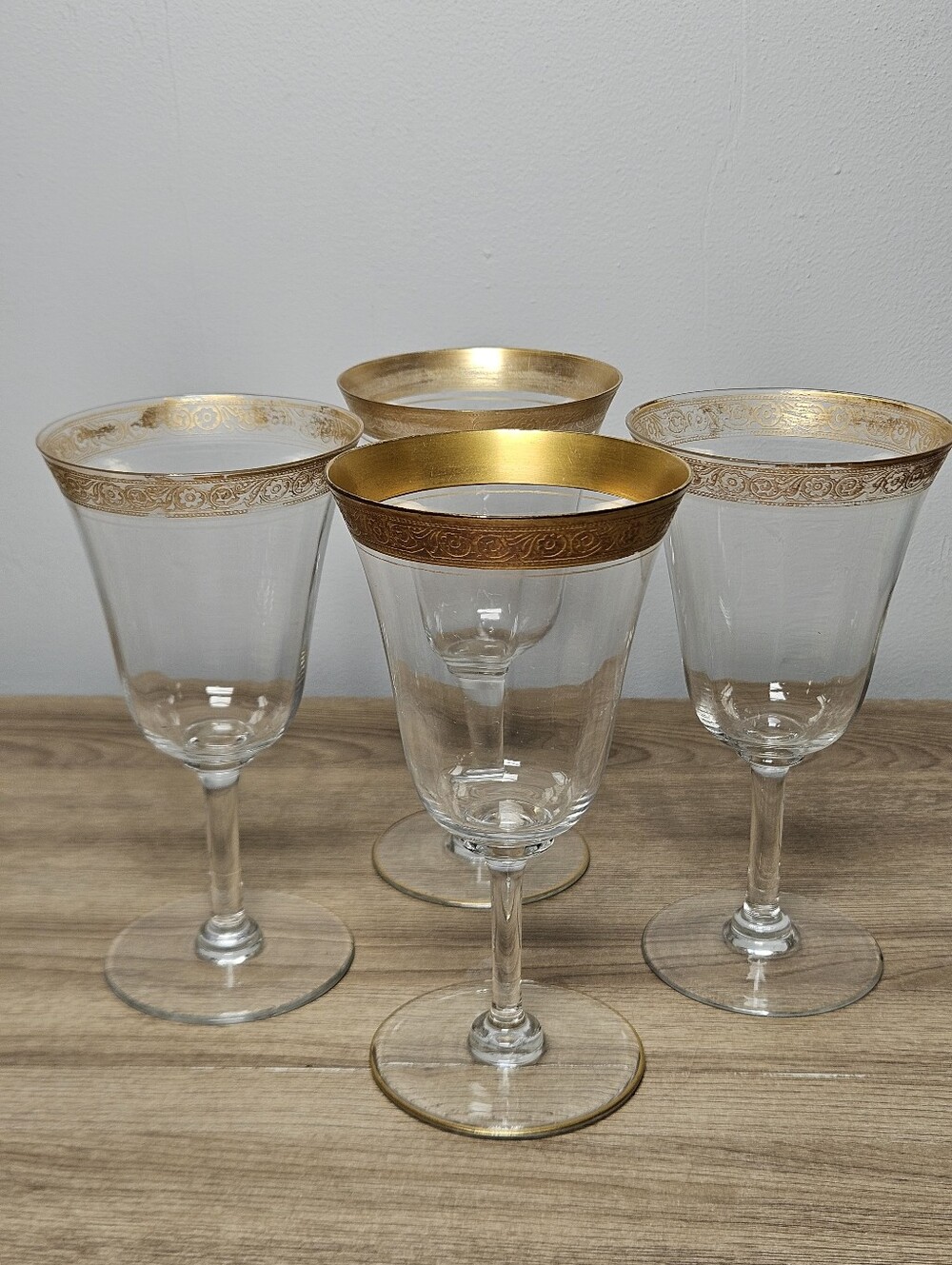 Tiffin Franciscan Rambler Rose Manganese Glass Gold Rim Wine Glasses Set 4 VTG